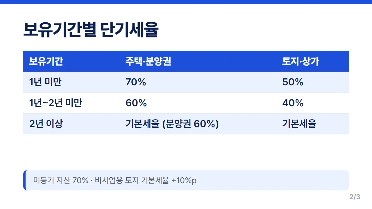 부동산 양도소득세율 보유기간별 단기세율 주택 70% 60% 토지 50% 40% 비교표