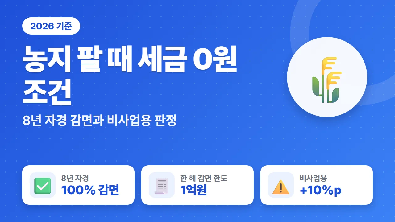 농지 양도소득세 8년 자경 감면 100%와 연 1억원 5년 2억원 한도 비사업용 10%p 가산 요약